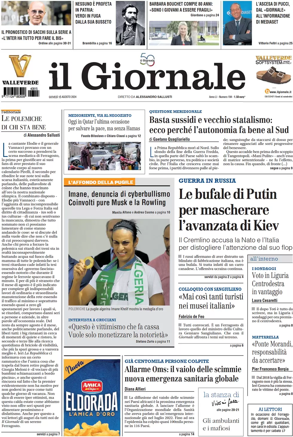 anteprima della prima pagina di il-giornale del 15/08/2024