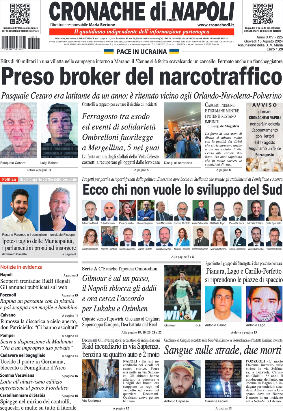 anteprima della prima pagina di cronache-di-napoli del 15/08/2024