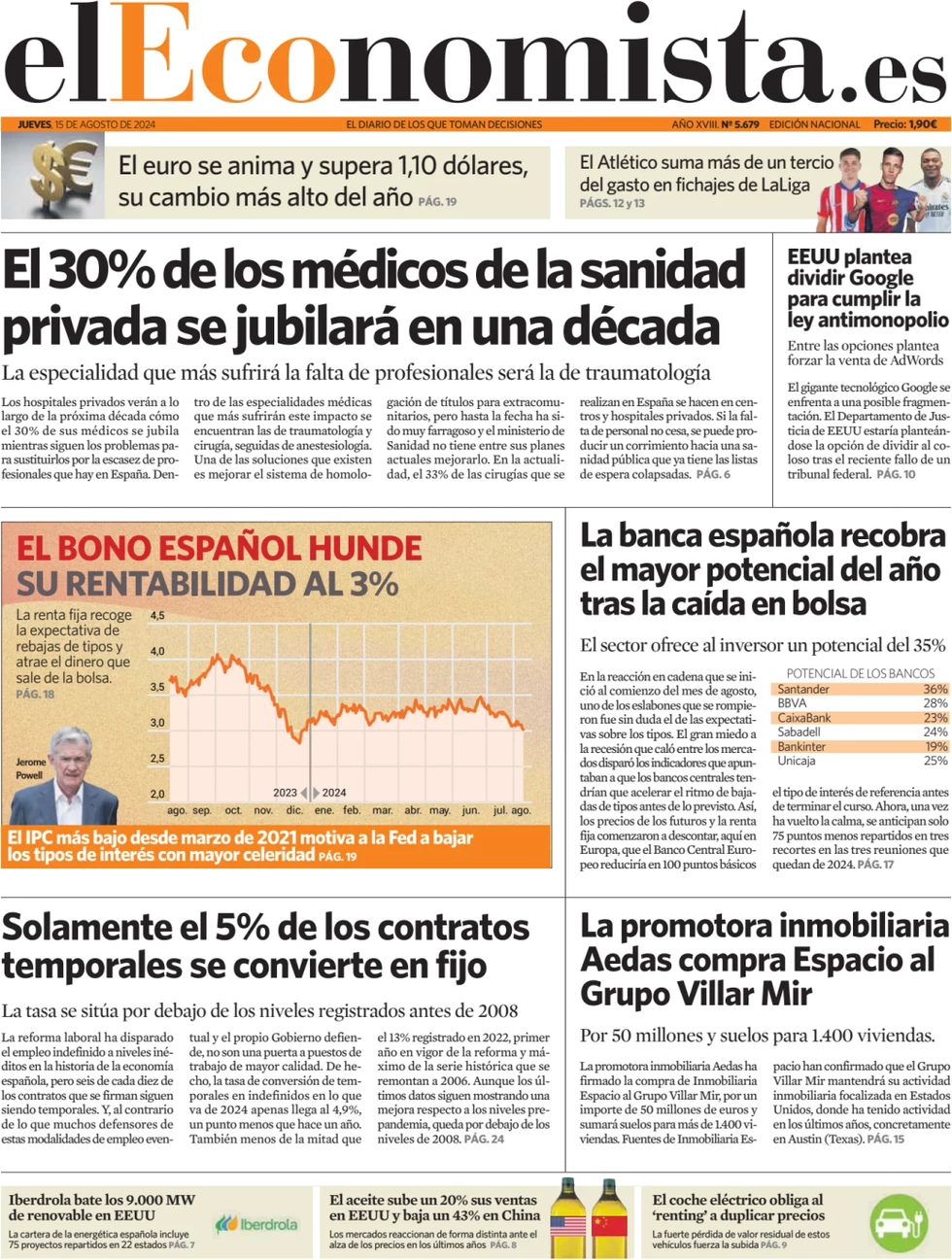 anteprima della prima pagina di el-economista del 15/08/2024