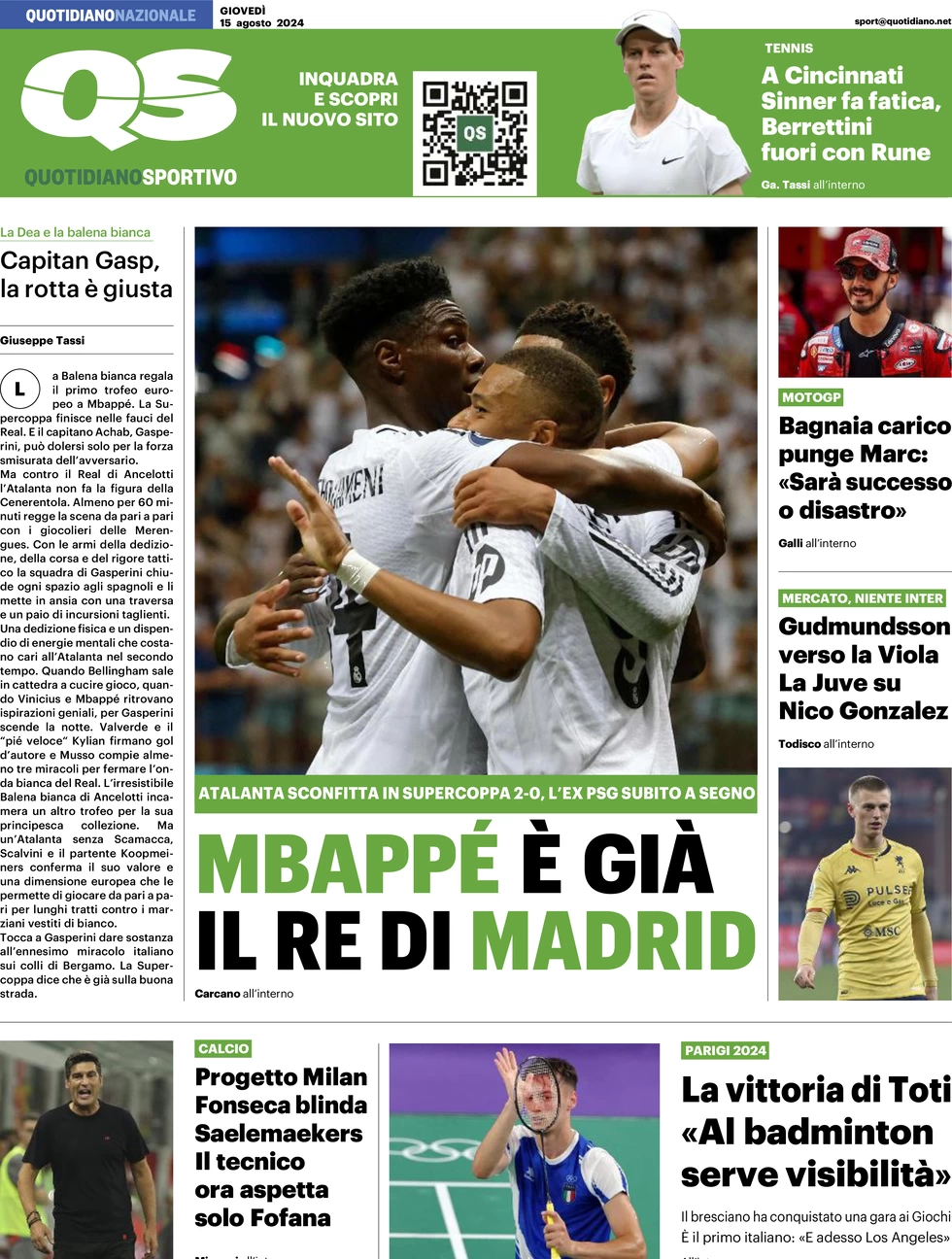 anteprima della prima pagina di qs-quotidiano-sportivo del 15/08/2024