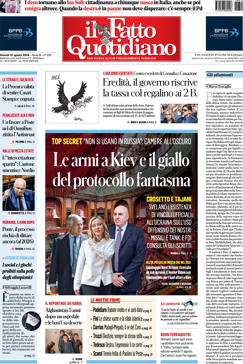 anteprima della prima pagina di il-fatto-quotidiano del 15/08/2024