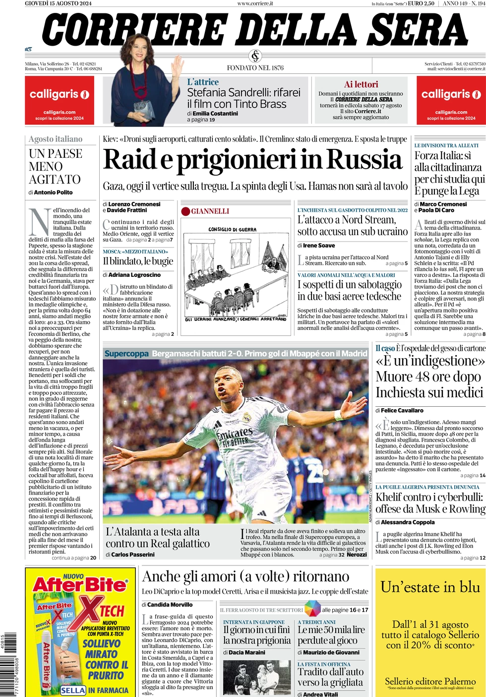 anteprima della prima pagina di corriere-della-sera del 15/08/2024