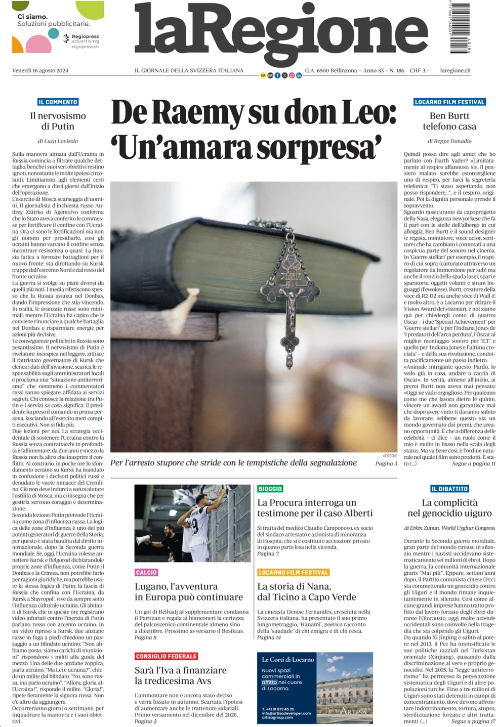 anteprima della prima pagina di la-regione del 16/08/2024