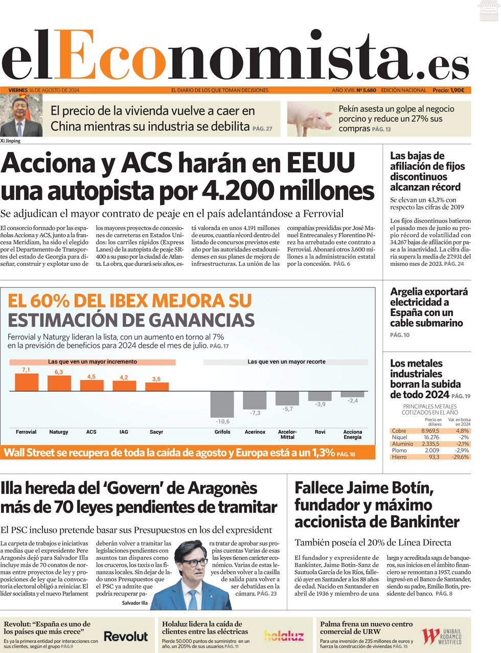 anteprima della prima pagina di el-economista del 16/08/2024