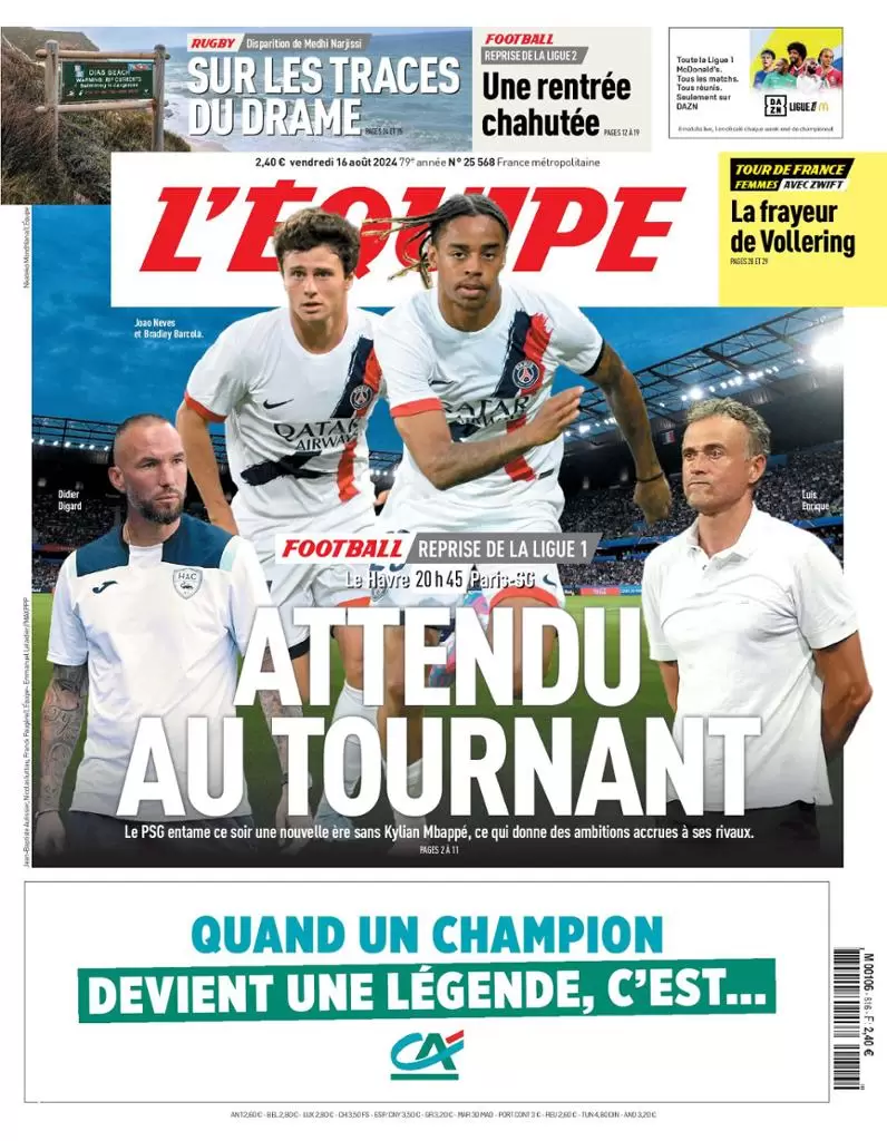 anteprima della prima pagina di lequipe del 16/08/2024