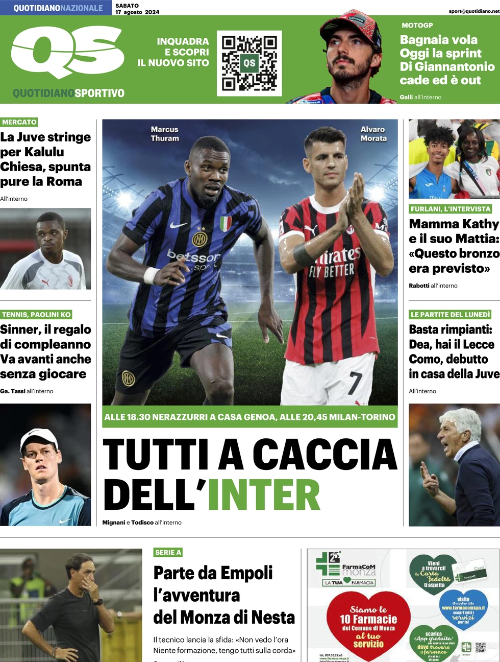 anteprima della prima pagina di qs-quotidiano-sportivo del 17/08/2024