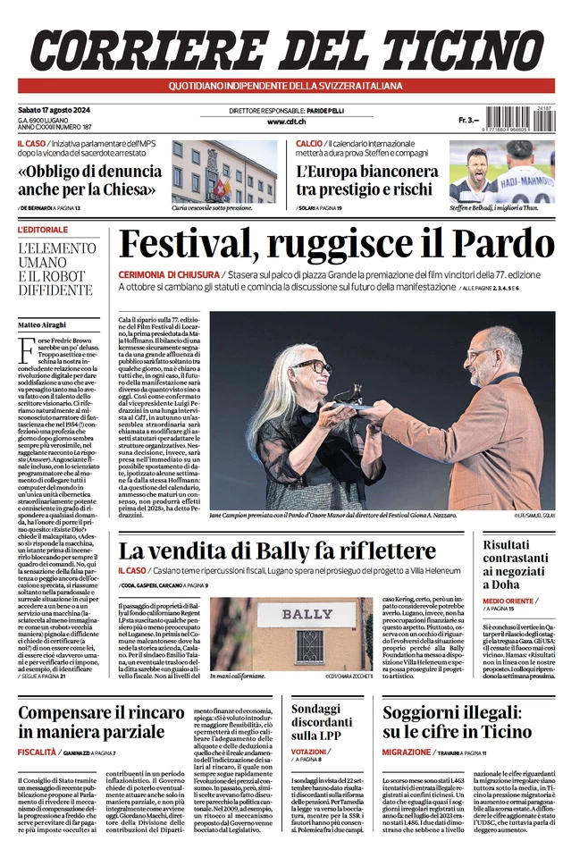 anteprima della prima pagina di corriere-del-ticino del 17/08/2024