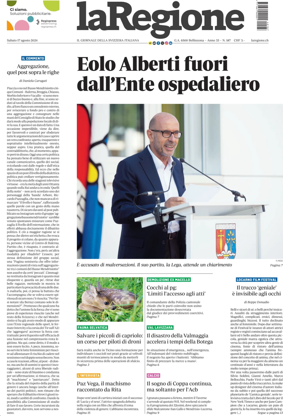 anteprima della prima pagina di la-regione del 17/08/2024