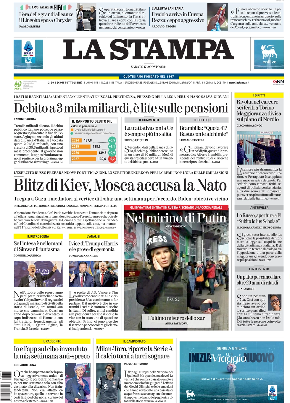 anteprima della prima pagina di la-stampa del 17/08/2024