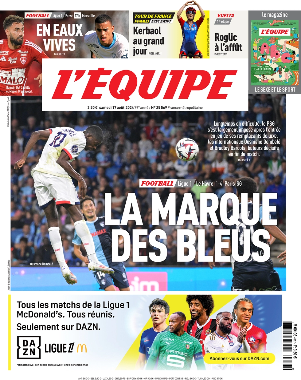 anteprima della prima pagina di lequipe del 17/08/2024