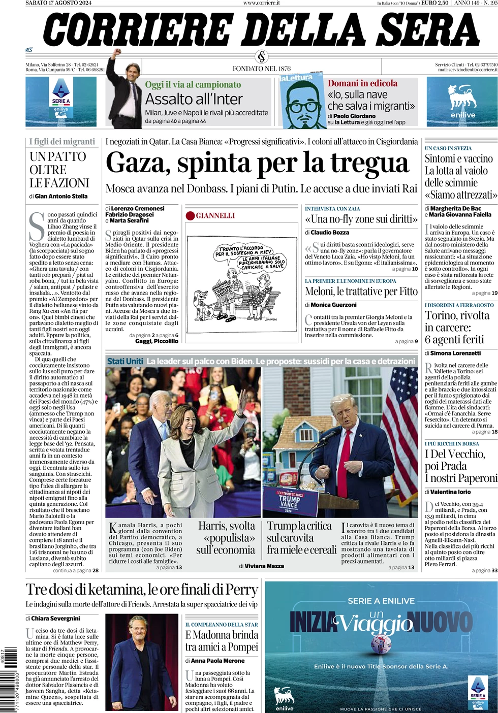 anteprima della prima pagina di corriere-della-sera del 17/08/2024