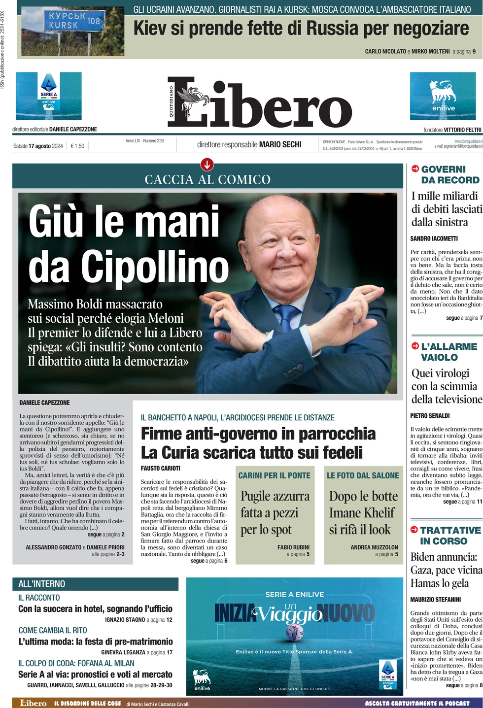 anteprima della prima pagina di libero-quotidiano del 17/08/2024