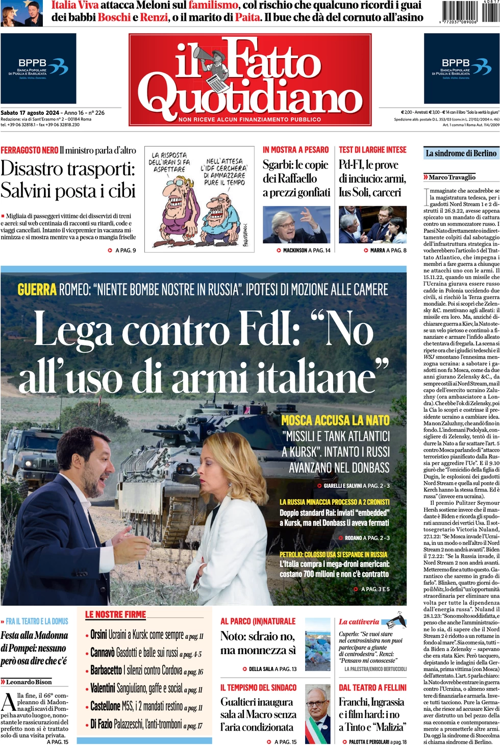 anteprima della prima pagina di il-fatto-quotidiano del 17/08/2024