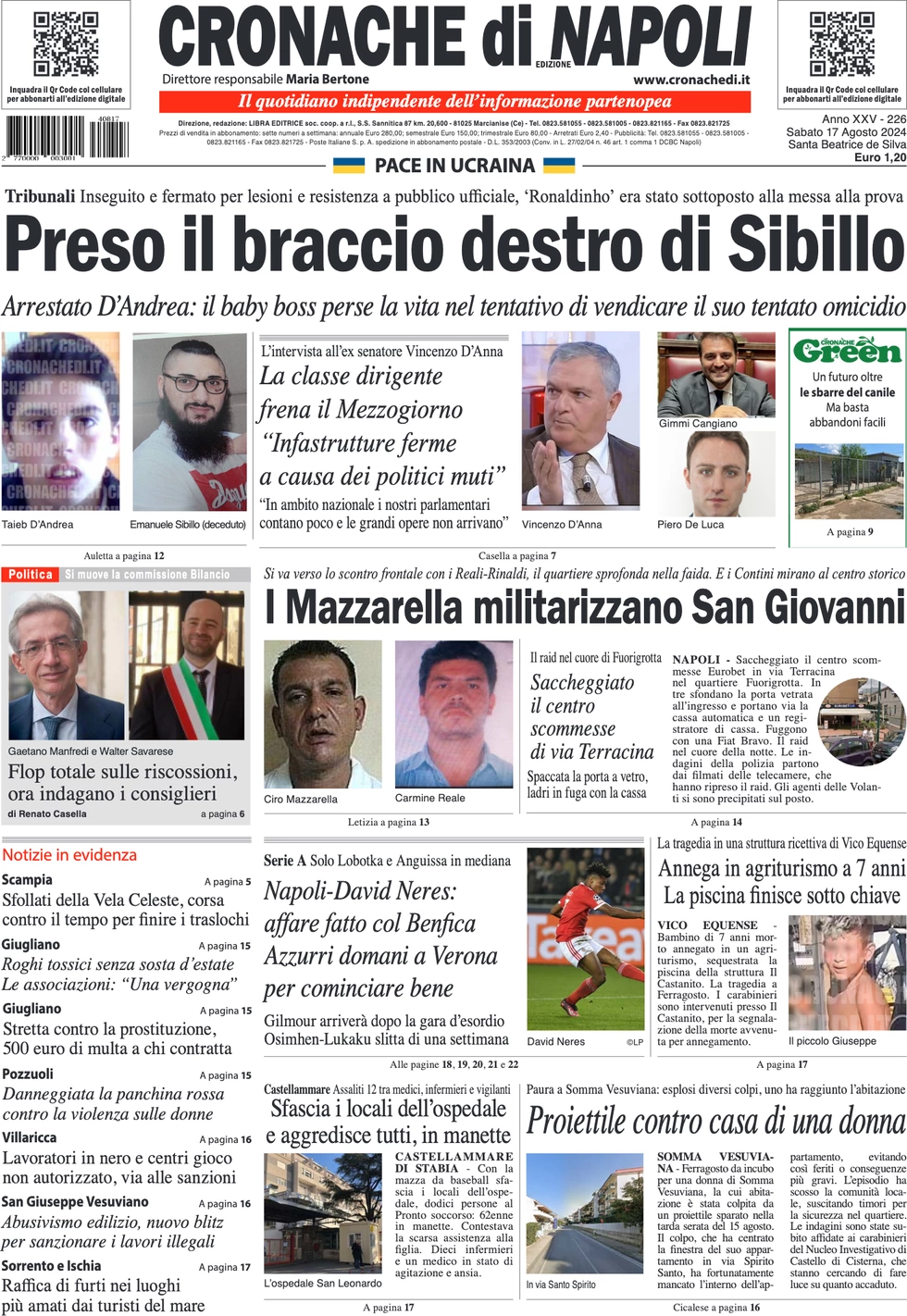 anteprima della prima pagina di cronache-di-napoli del 17/08/2024