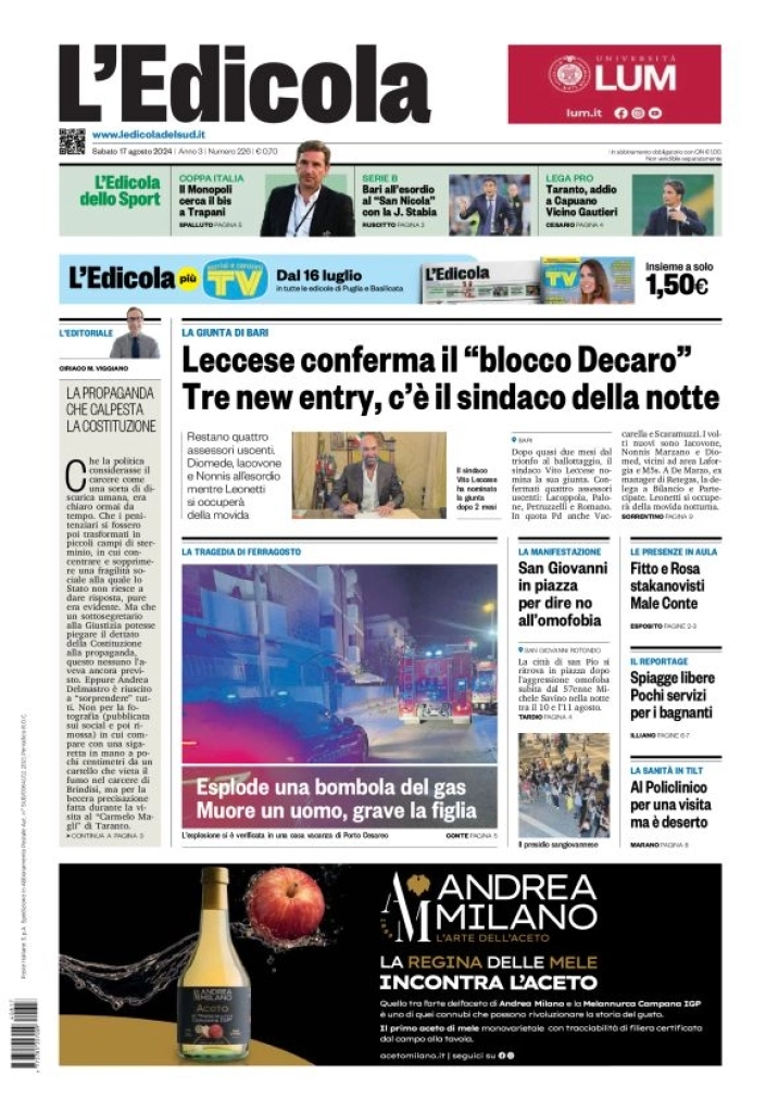 anteprima della prima pagina di ledicola-del-sud-bari,-foggia,-basilicata del 17/08/2024
