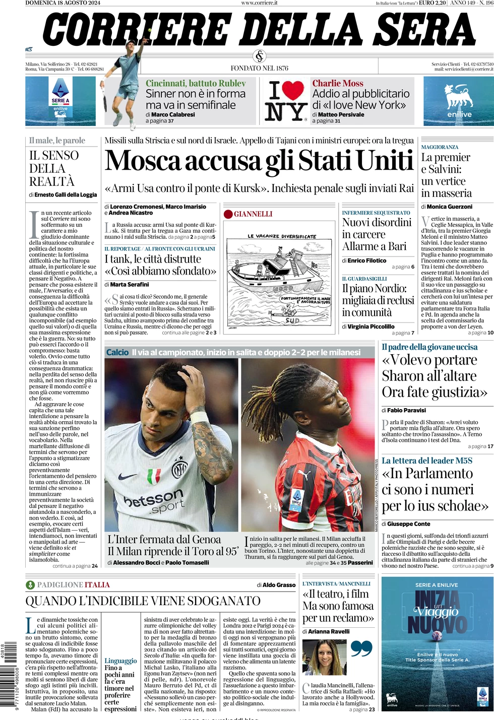 anteprima della prima pagina di corriere-della-sera del 18/08/2024