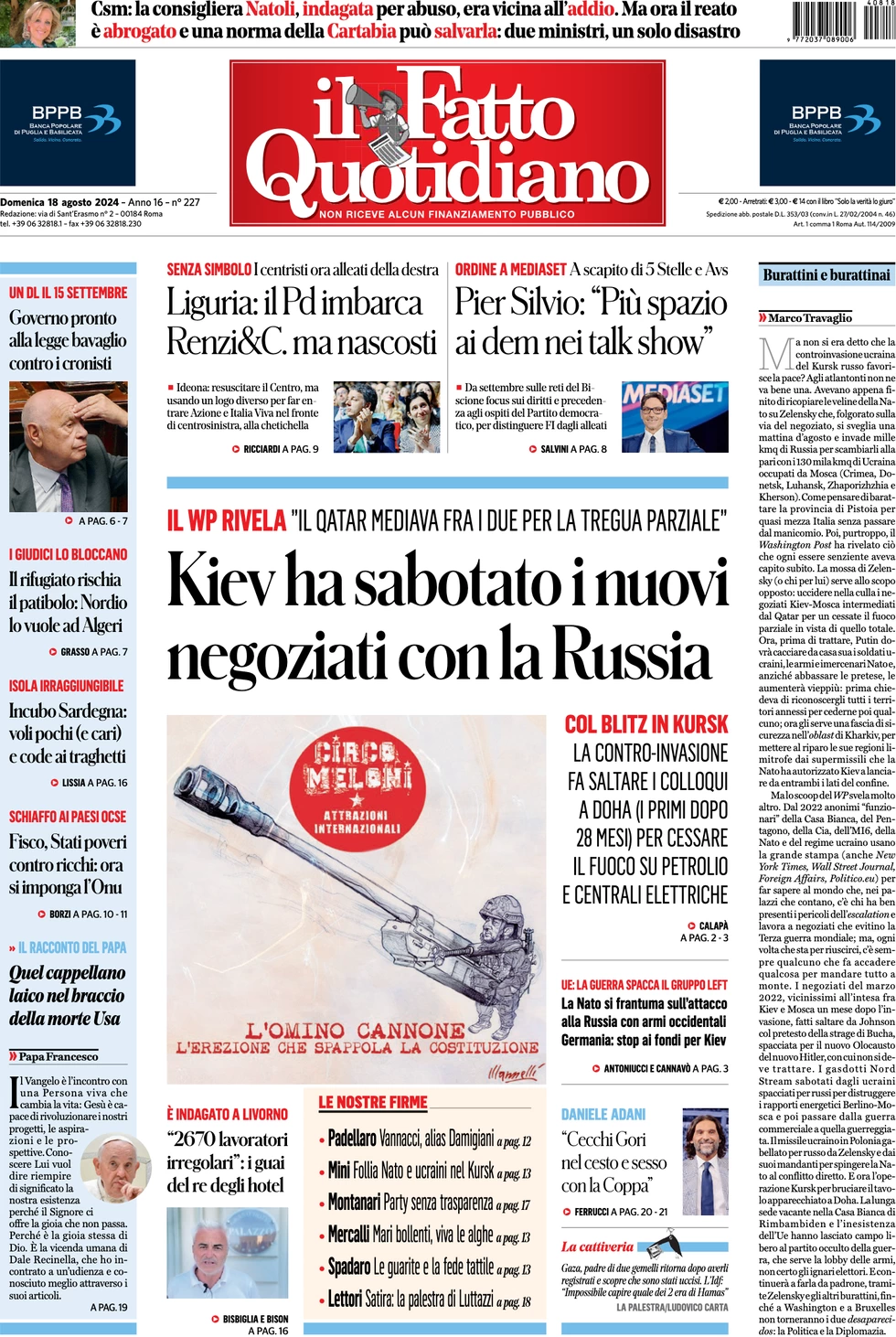 anteprima della prima pagina di il-fatto-quotidiano del 18/08/2024