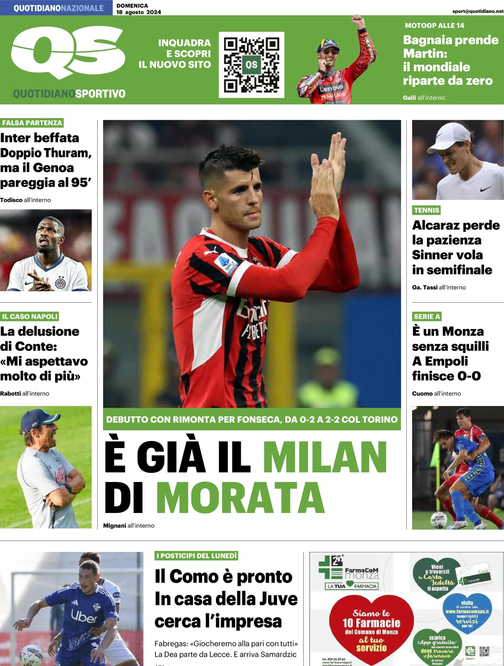 anteprima della prima pagina di qs-quotidiano-sportivo del 18/08/2024