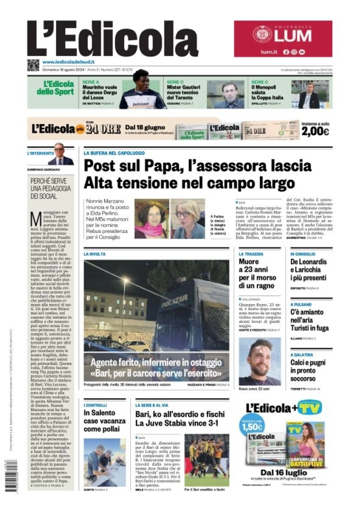 anteprima della prima pagina di ledicola-del-sud-bari,-foggia,-basilicata del 18/08/2024