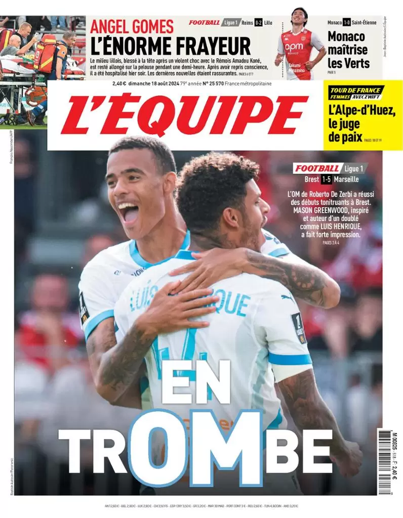 anteprima della prima pagina di lequipe del 18/08/2024
