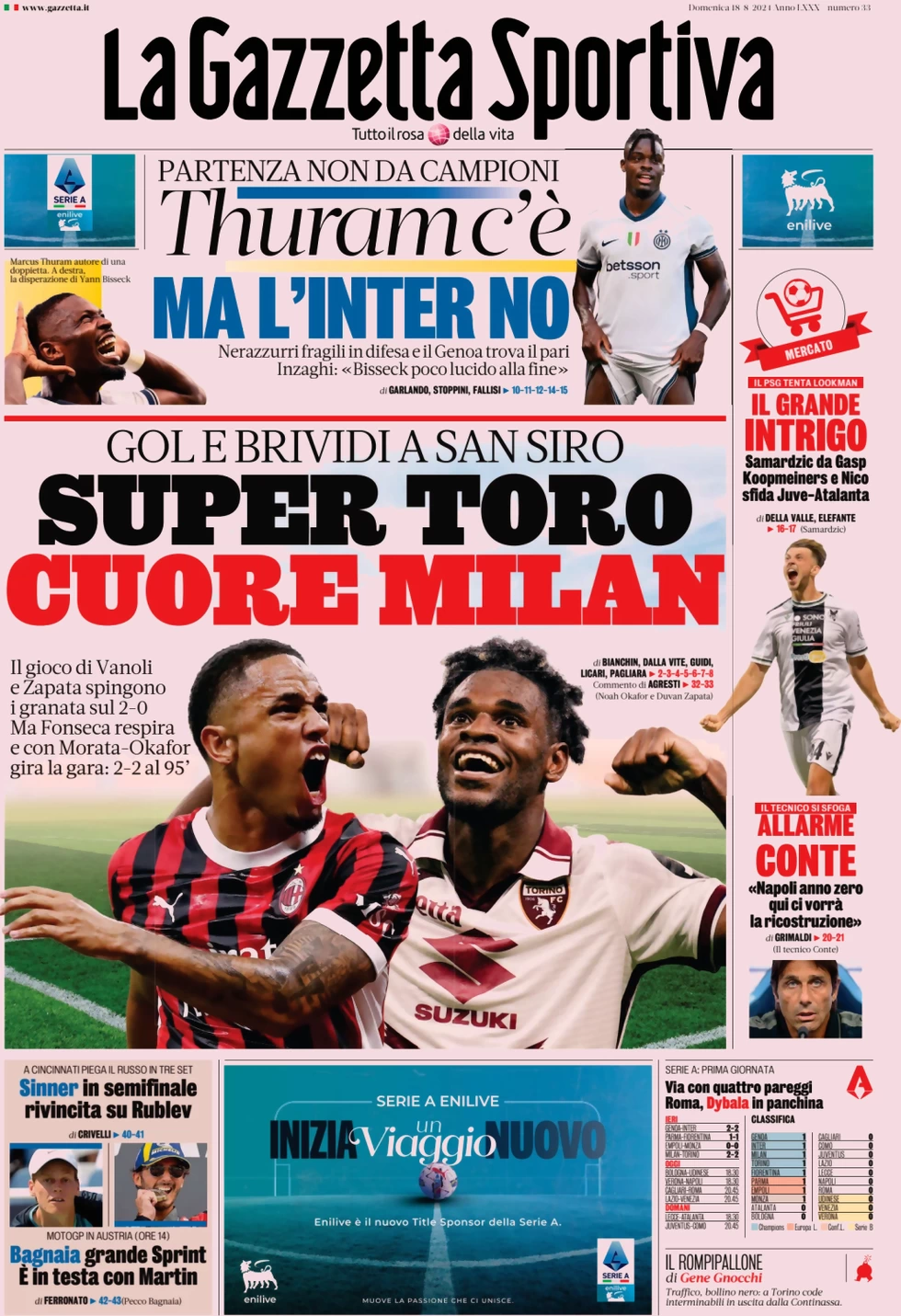 anteprima della prima pagina di la-gazzetta-dello-sport del 18/08/2024