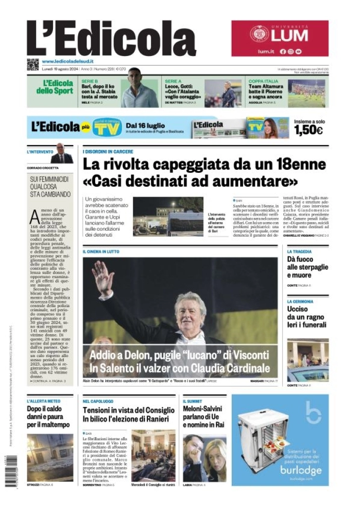 anteprima della prima pagina di ledicola-del-sud-bari,-foggia,-basilicata del 19/08/2024