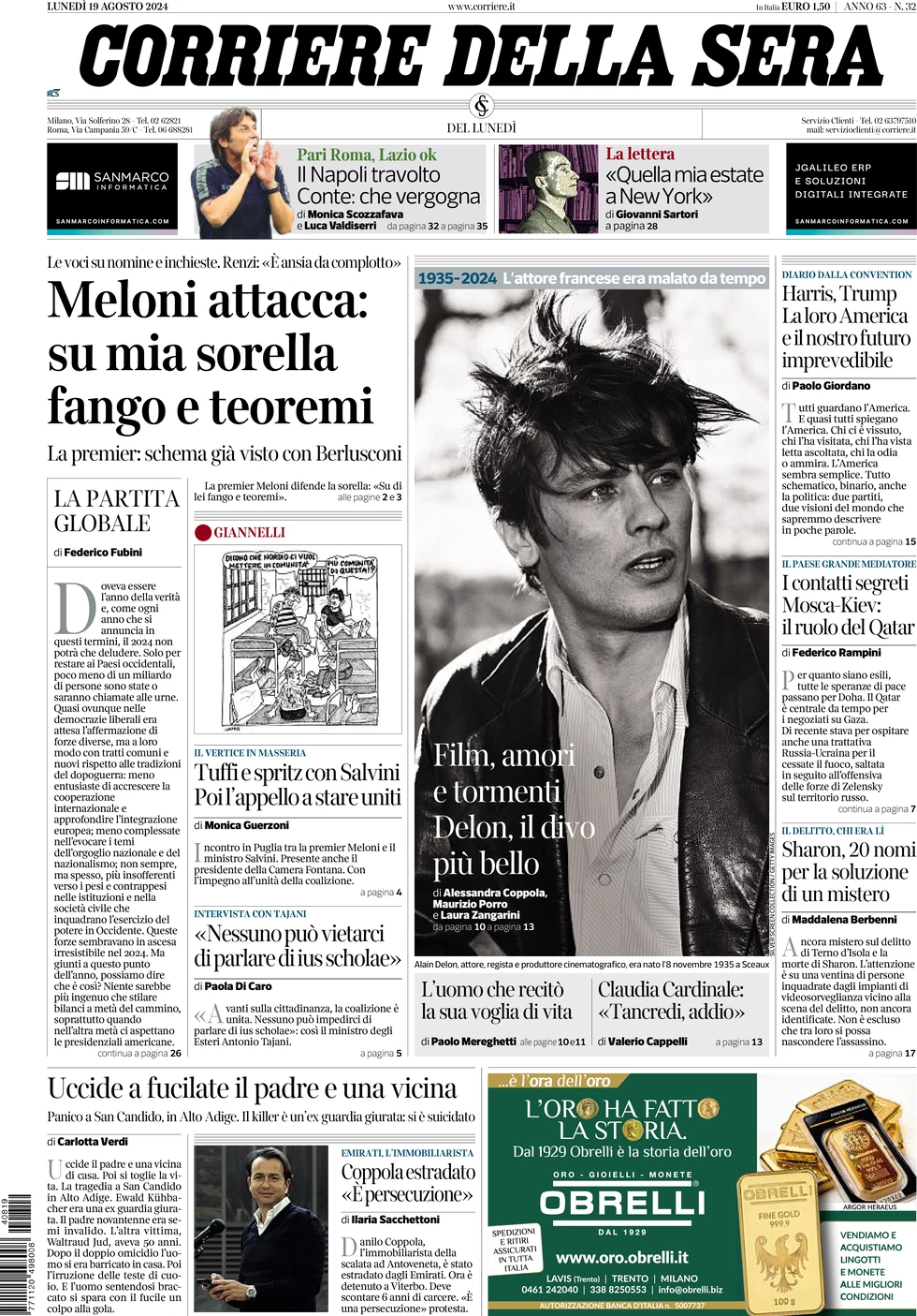 anteprima della prima pagina di corriere-della-sera del 19/08/2024