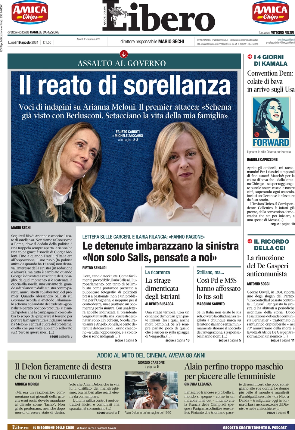 anteprima della prima pagina di libero-quotidiano del 19/08/2024