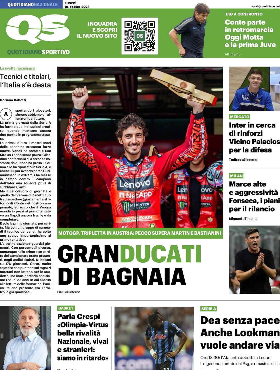 anteprima della prima pagina di qs-quotidiano-sportivo del 19/08/2024