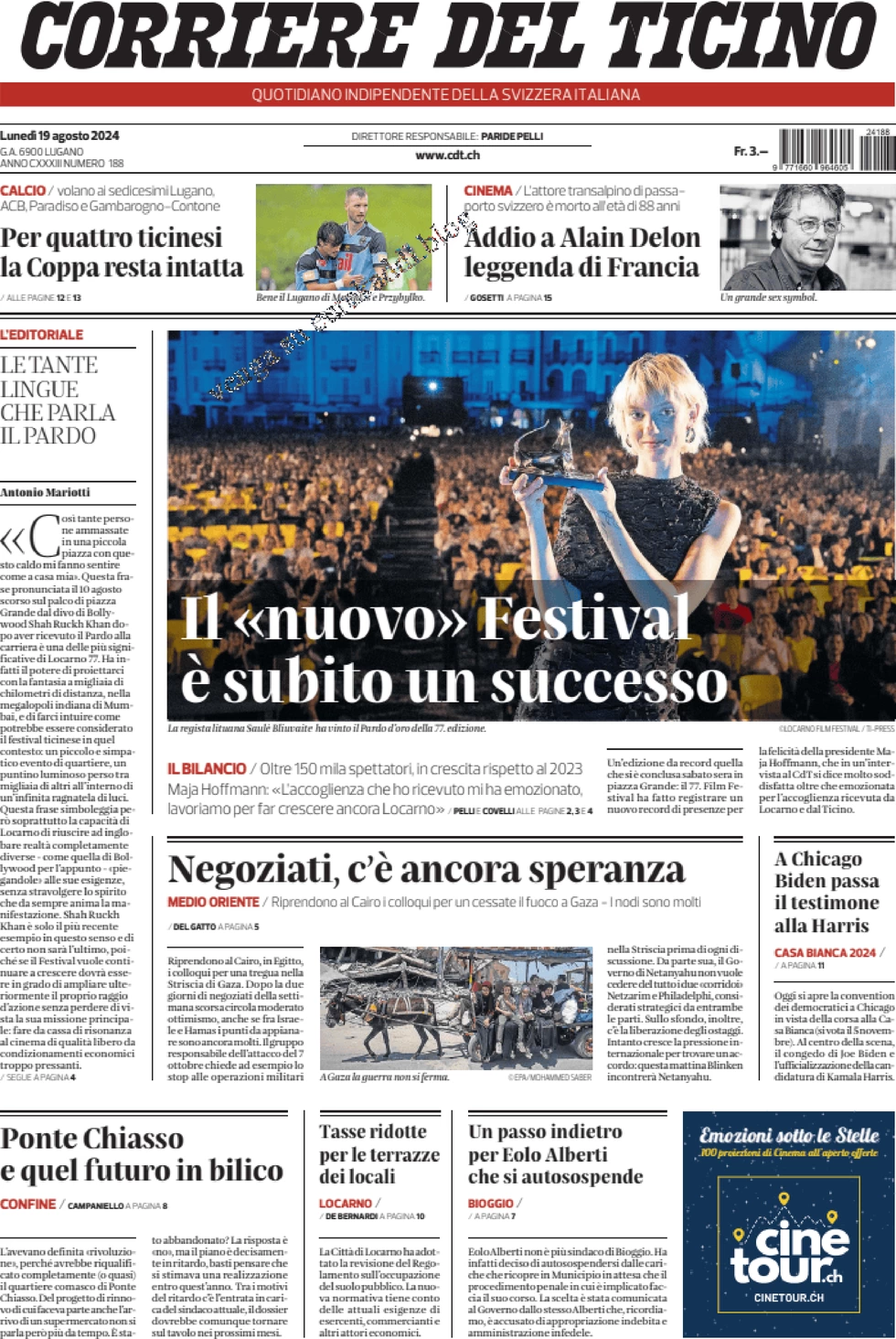 anteprima della prima pagina di corriere-del-ticino del 19/08/2024