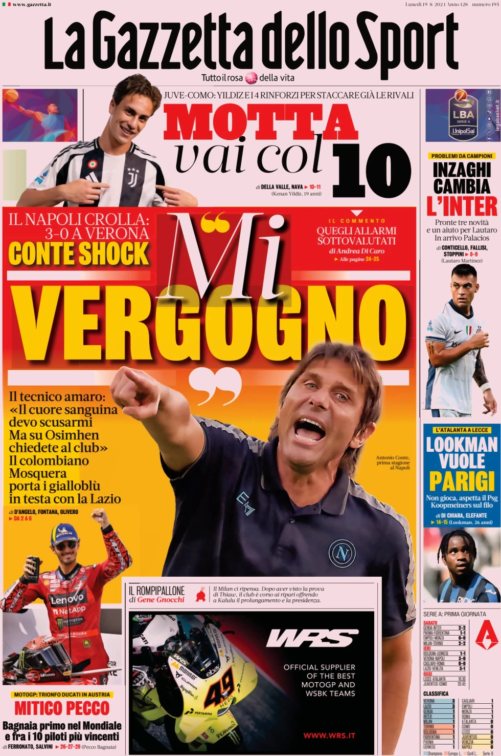 anteprima della prima pagina di la-gazzetta-dello-sport del 19/08/2024