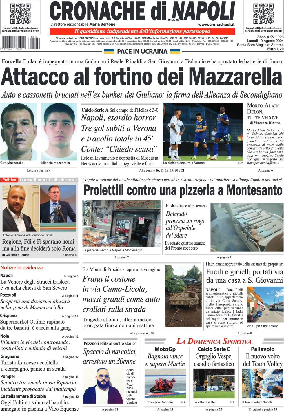 anteprima della prima pagina di cronache-di-napoli del 19/08/2024