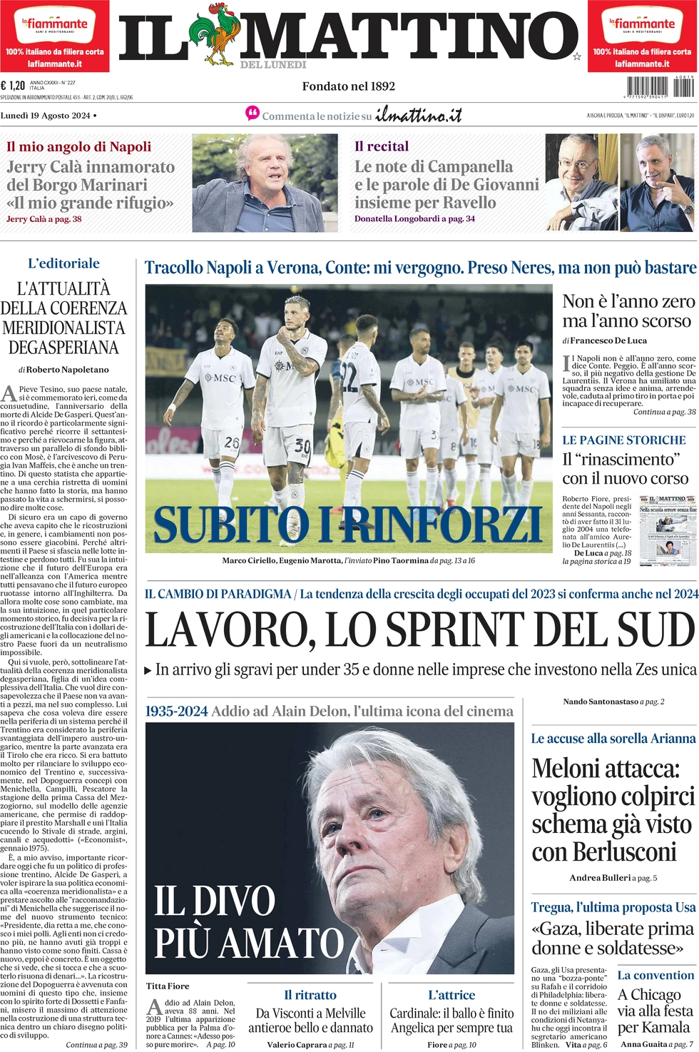 anteprima della prima pagina di il-mattino del 19/08/2024