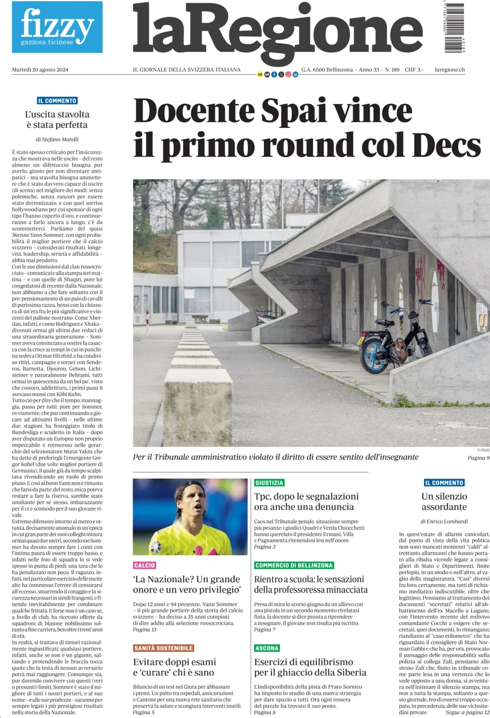 anteprima della prima pagina di la-regione del 20/08/2024