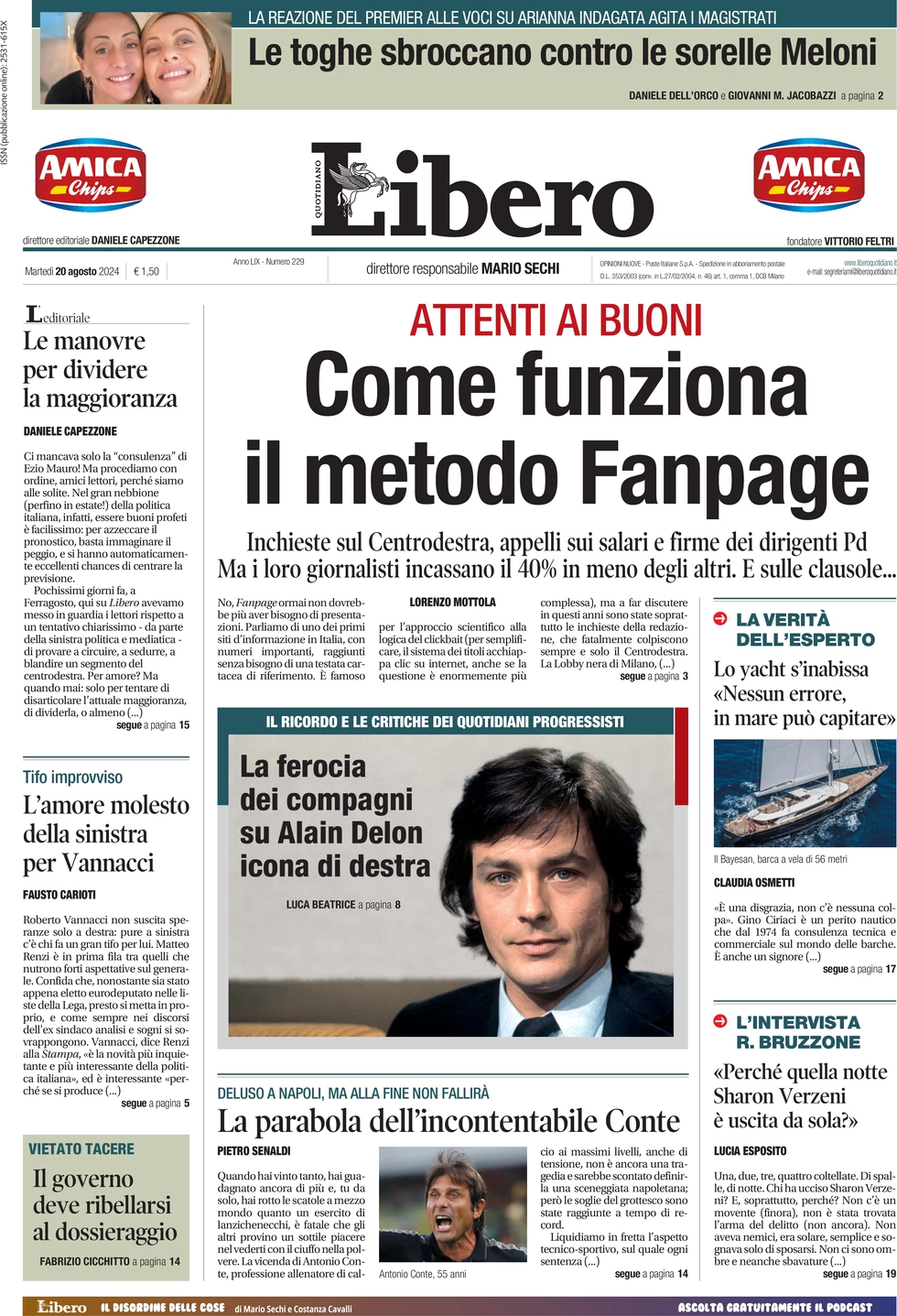 anteprima della prima pagina di libero-quotidiano del 20/08/2024