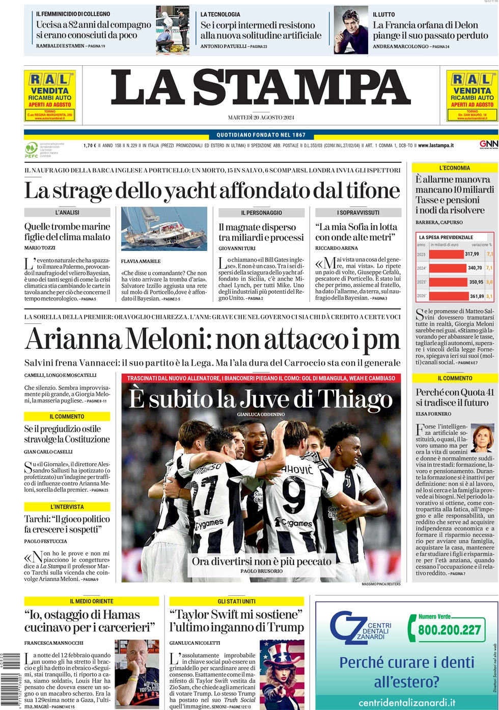 anteprima della prima pagina di la-stampa del 20/08/2024