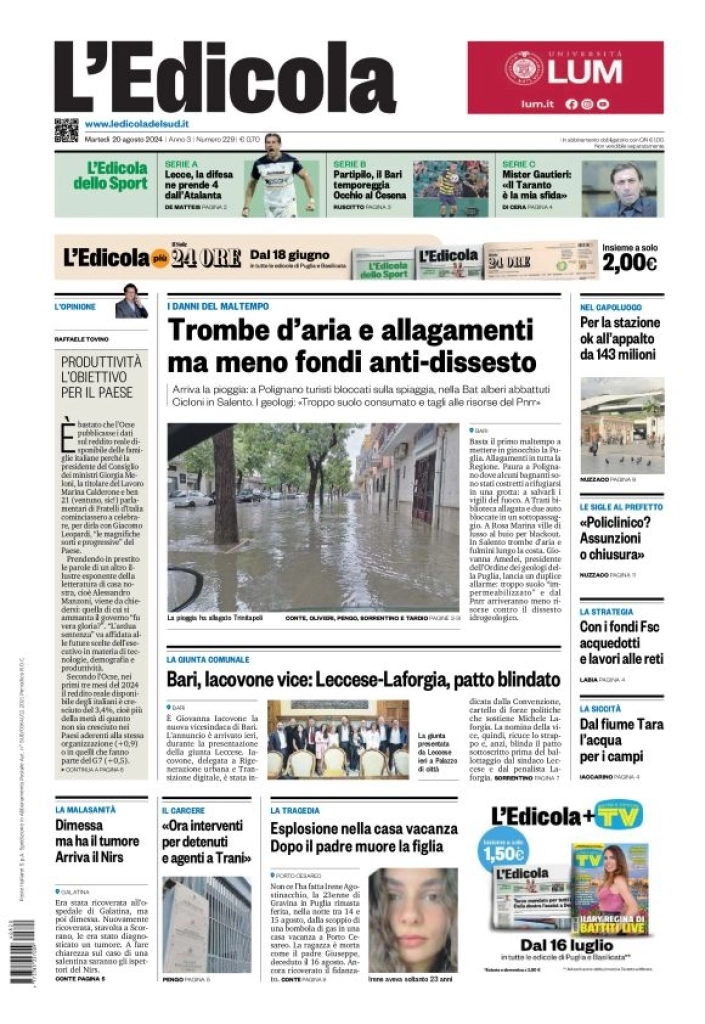 anteprima della prima pagina di ledicola-del-sud-bari,-foggia,-basilicata del 20/08/2024