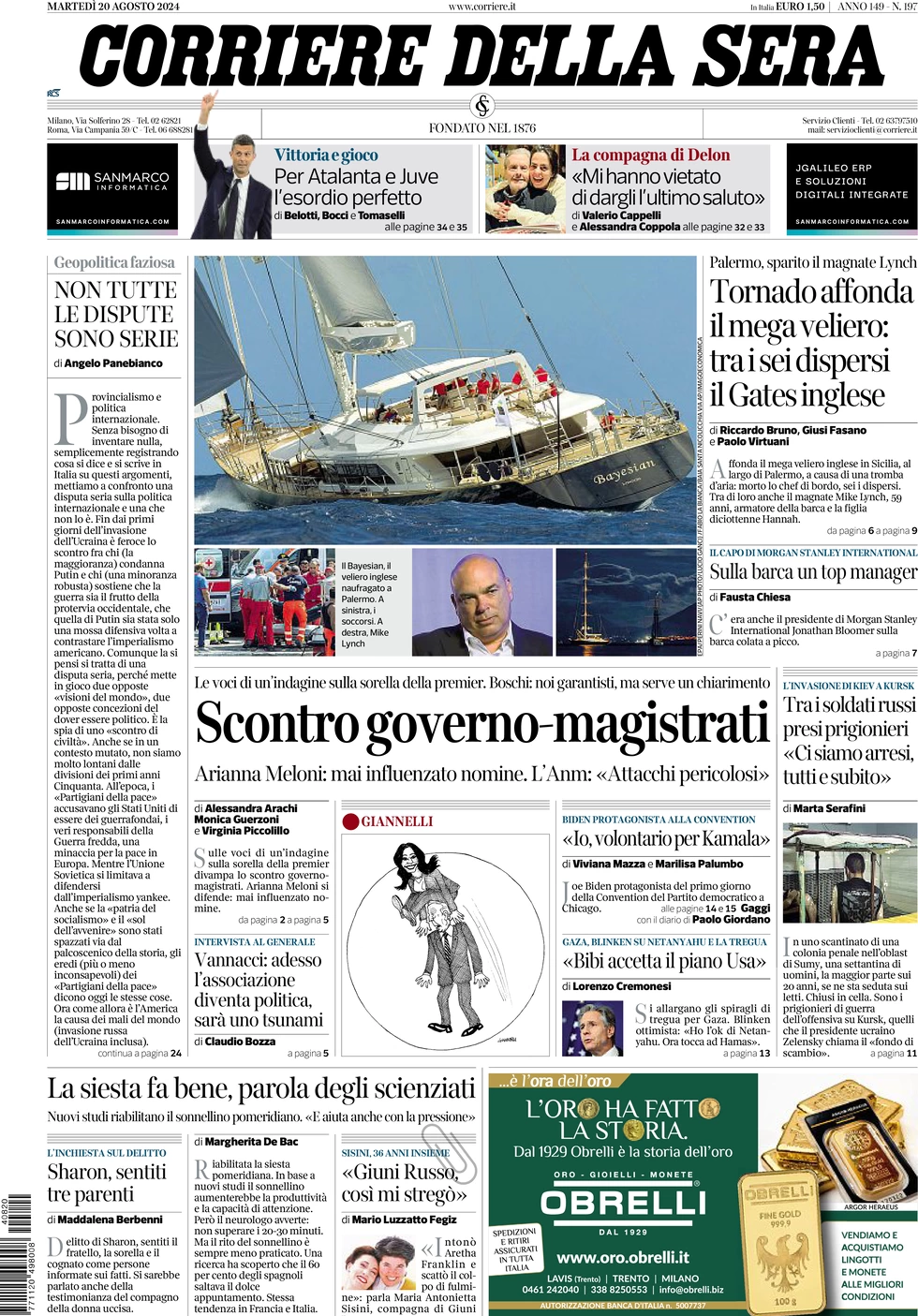 anteprima della prima pagina di corriere-della-sera del 20/08/2024