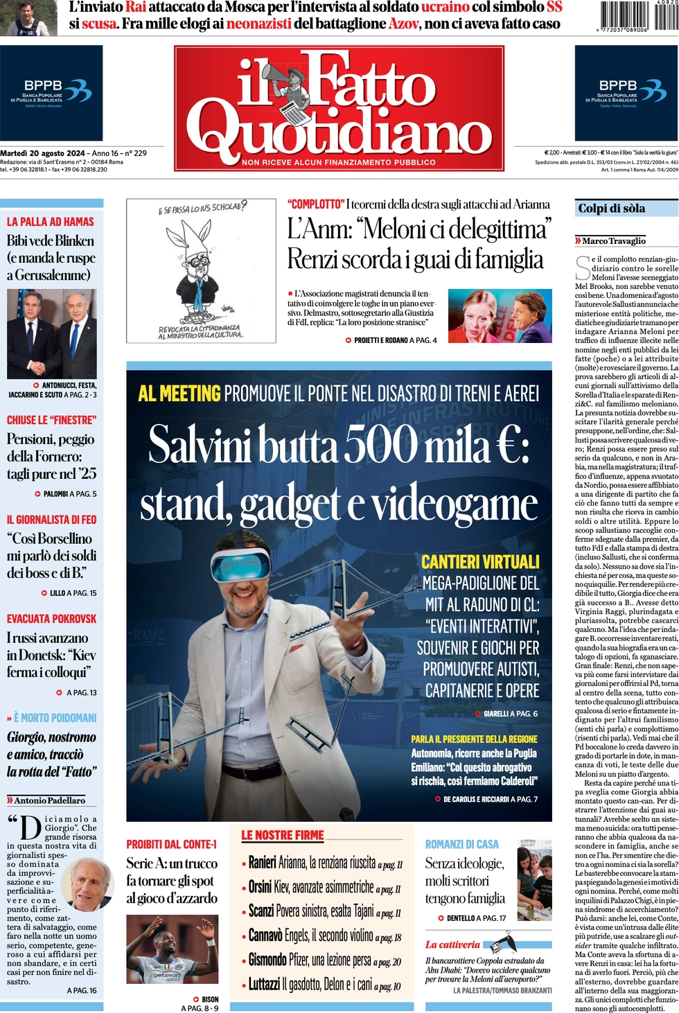 anteprima della prima pagina di il-fatto-quotidiano del 20/08/2024