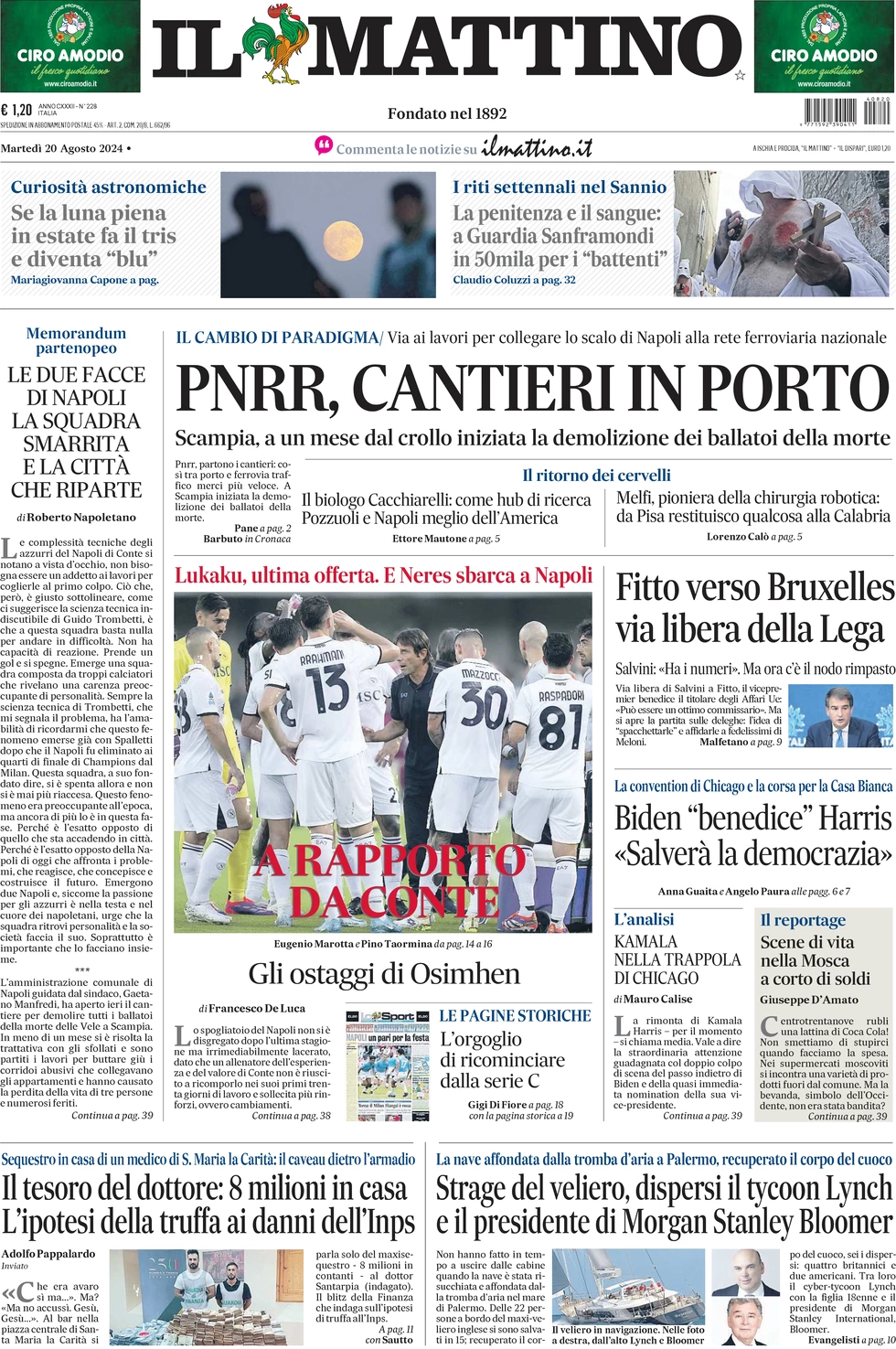 anteprima della prima pagina di il-mattino del 20/08/2024