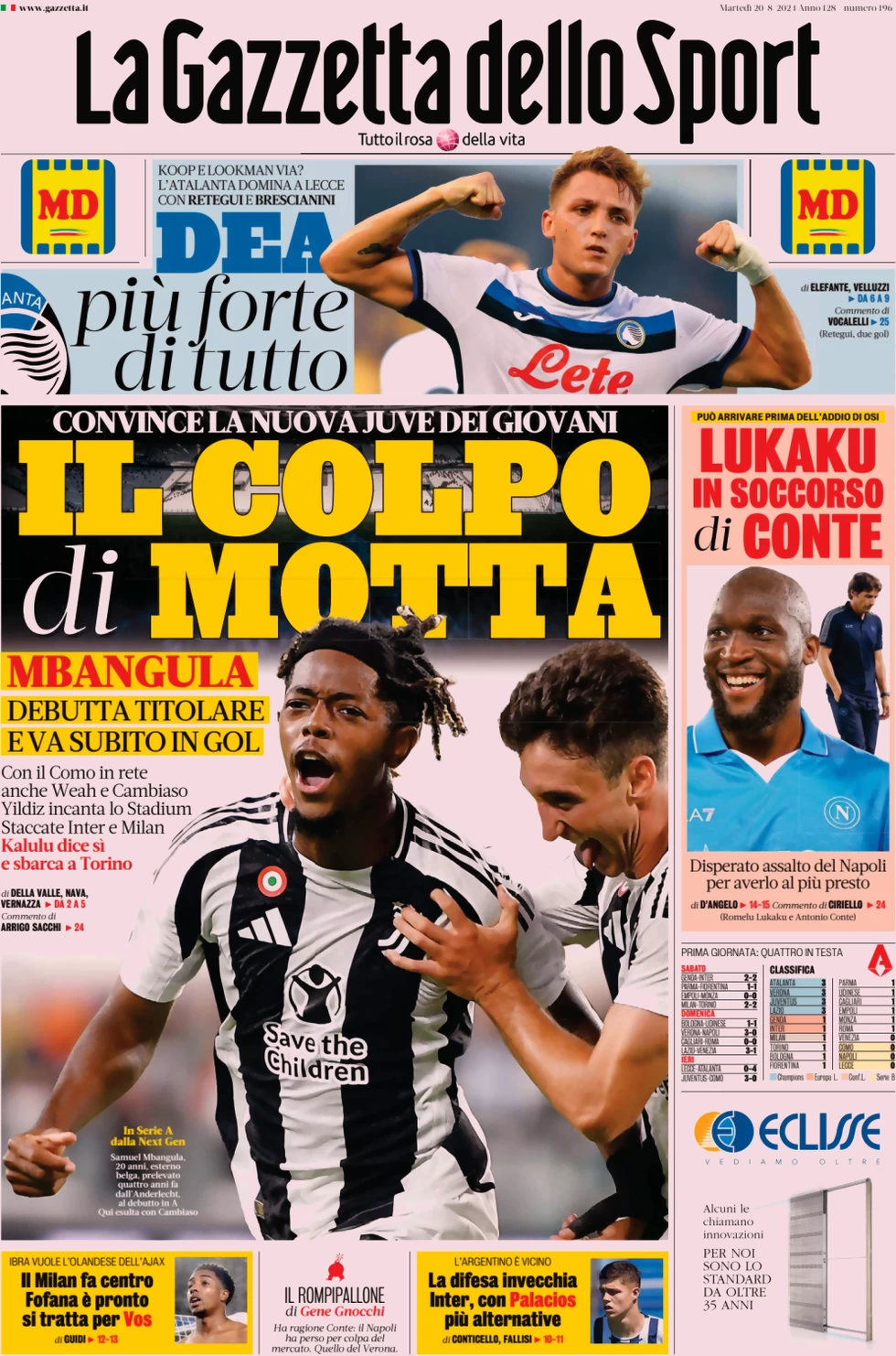 anteprima della prima pagina di la-gazzetta-dello-sport del 20/08/2024