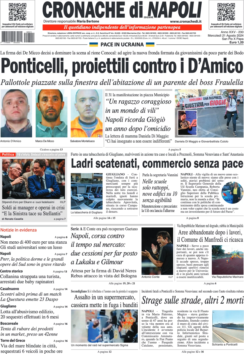 anteprima della prima pagina di cronache-di-napoli del 21/08/2024