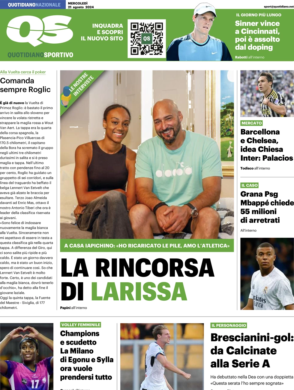 anteprima della prima pagina di qs-quotidiano-sportivo del 21/08/2024