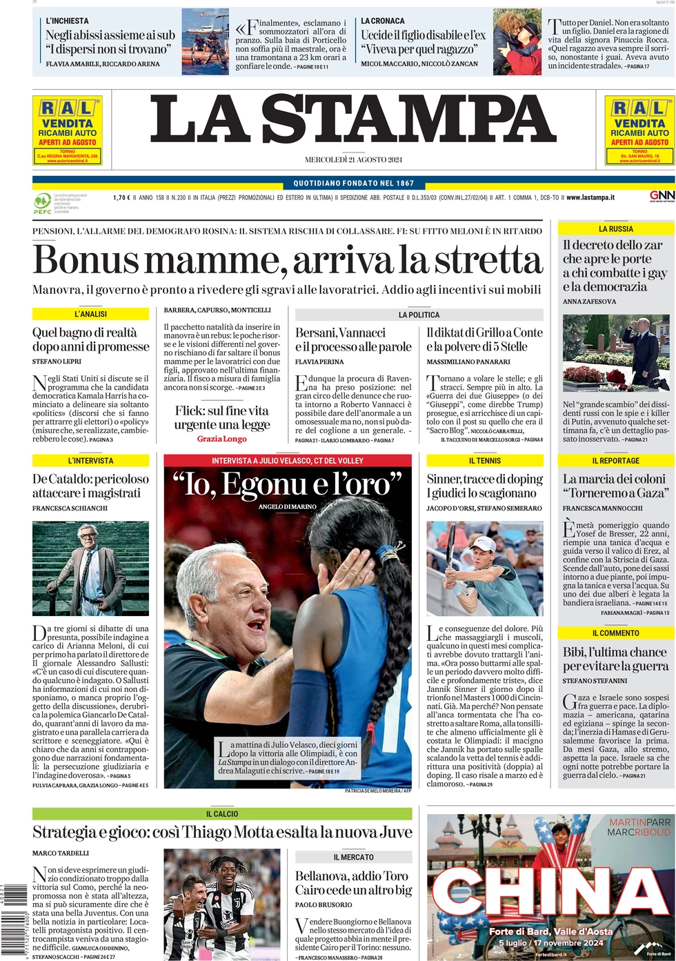 anteprima della prima pagina di la-stampa del 21/08/2024