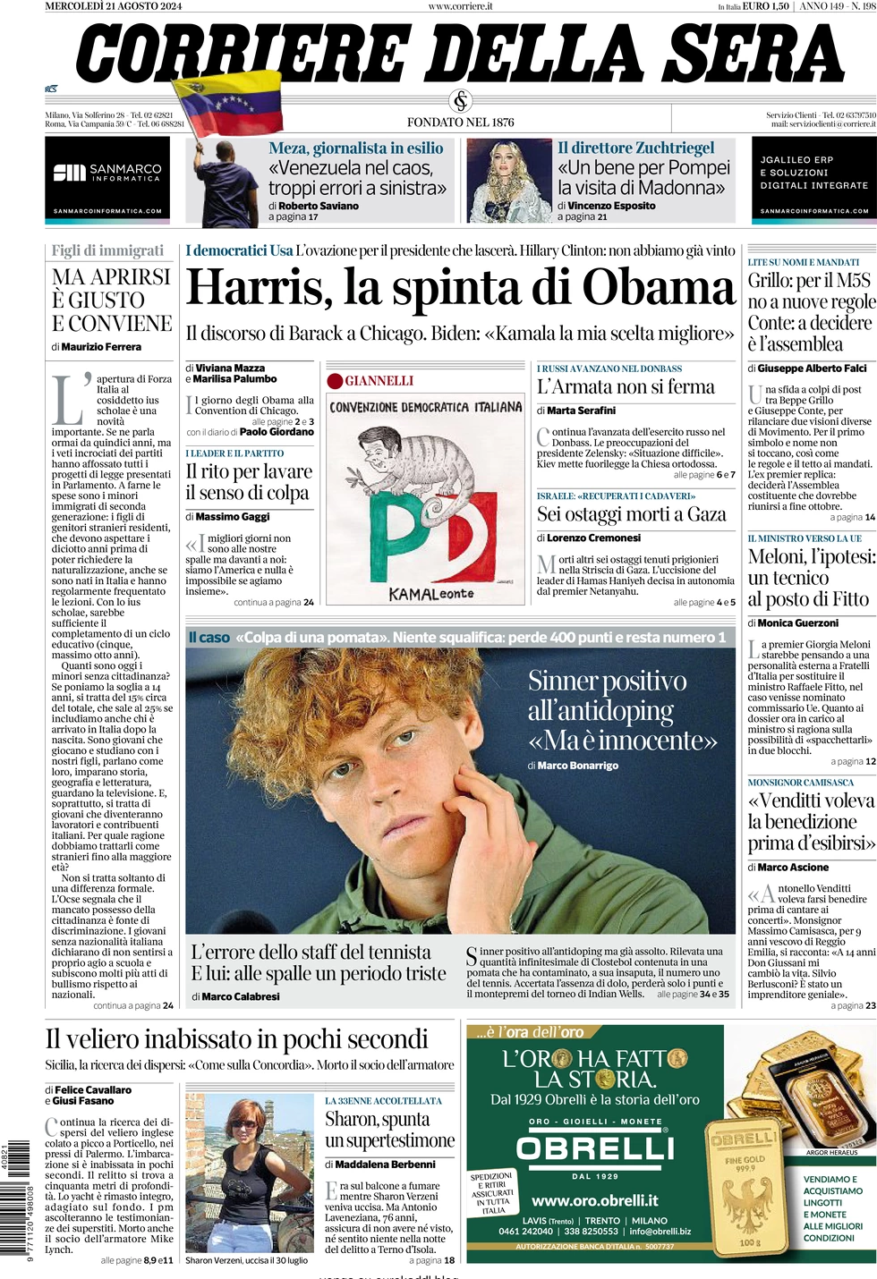 anteprima della prima pagina di corriere-della-sera del 21/08/2024