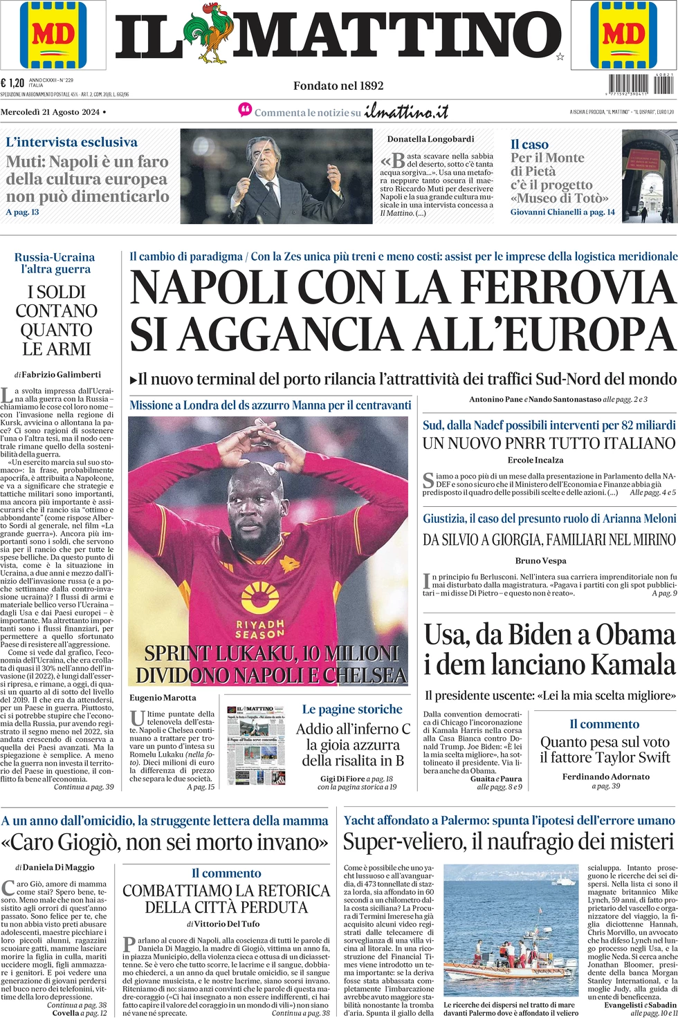 anteprima della prima pagina di il-mattino del 21/08/2024