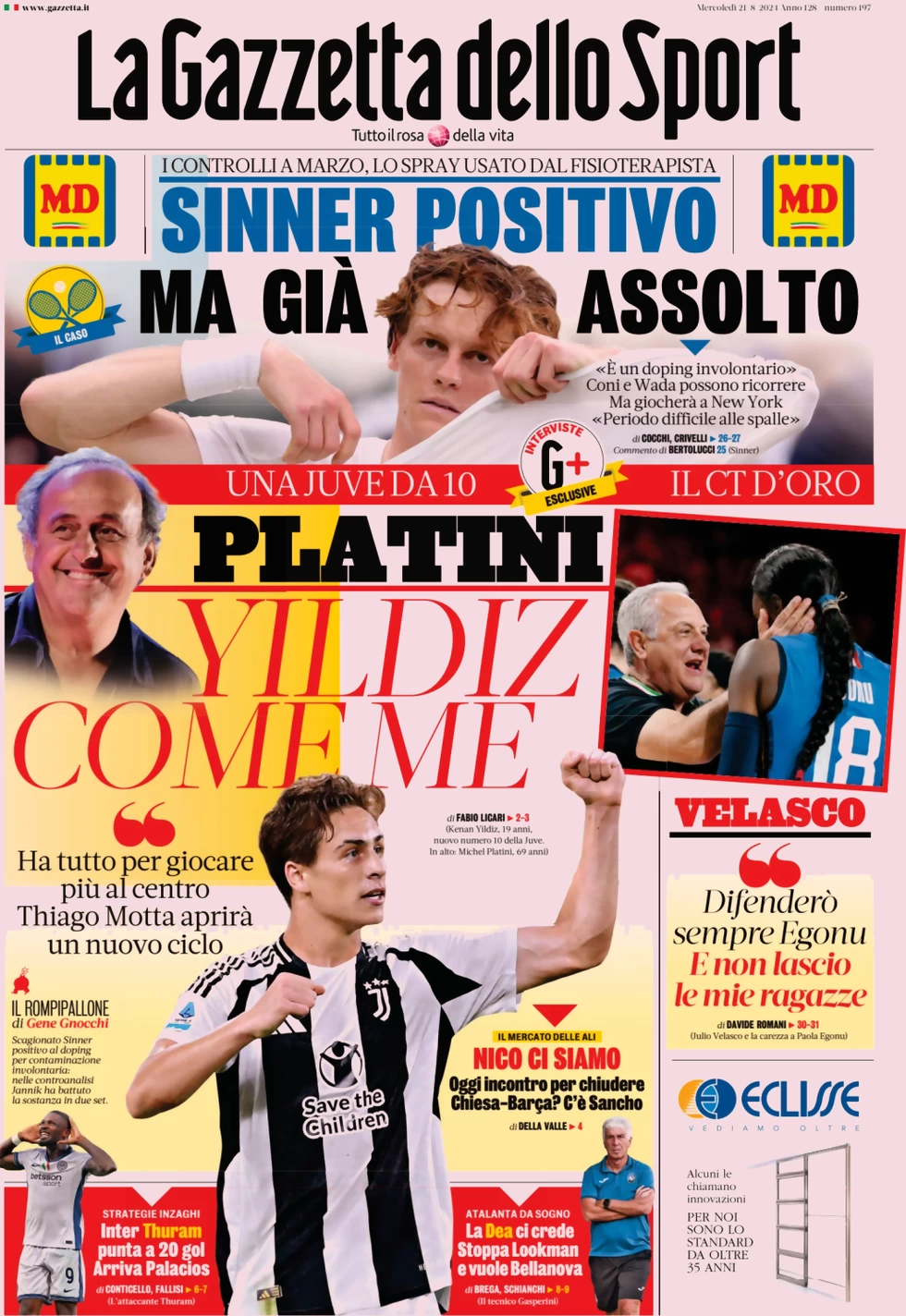 anteprima della prima pagina di la-gazzetta-dello-sport del 21/08/2024