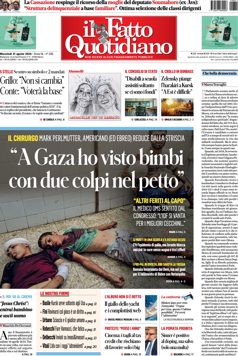 anteprima della prima pagina di il-fatto-quotidiano del 21/08/2024