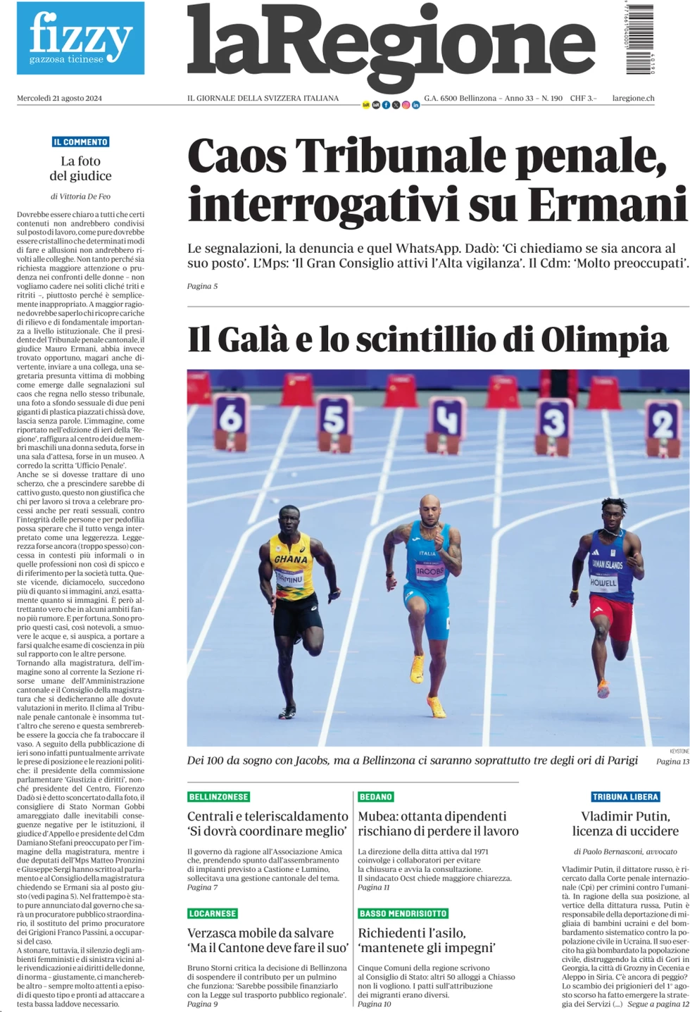 anteprima della prima pagina di la-regione del 21/08/2024