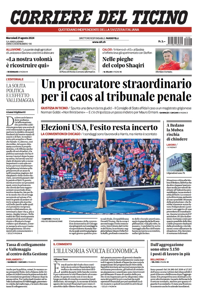 anteprima della prima pagina di corriere-del-ticino del 21/08/2024